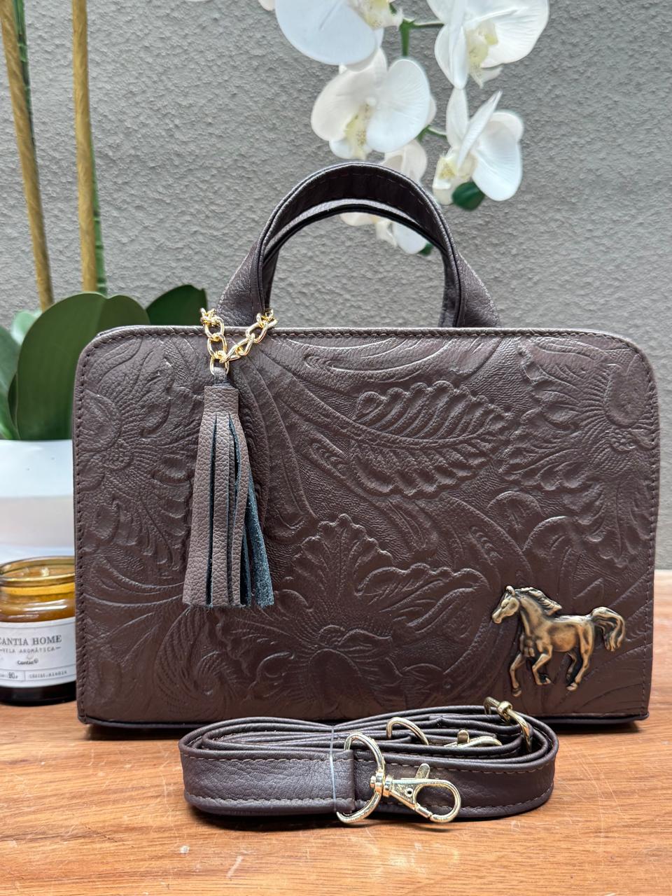 CROSSBODY ARTESANAL TANIA GRABADO FLORES CHOCOLATE