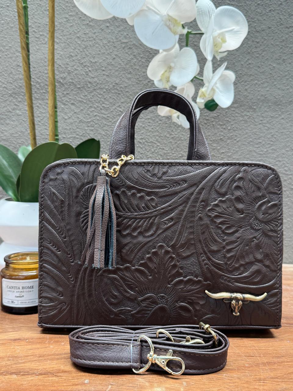 CROSSBODY ARTESANAL TANIA GRABADO FLORES CHOCOLATE