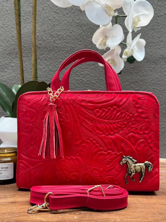 CROSSBODY ARTESANAL TANIA GRABADO FLORES ROJO