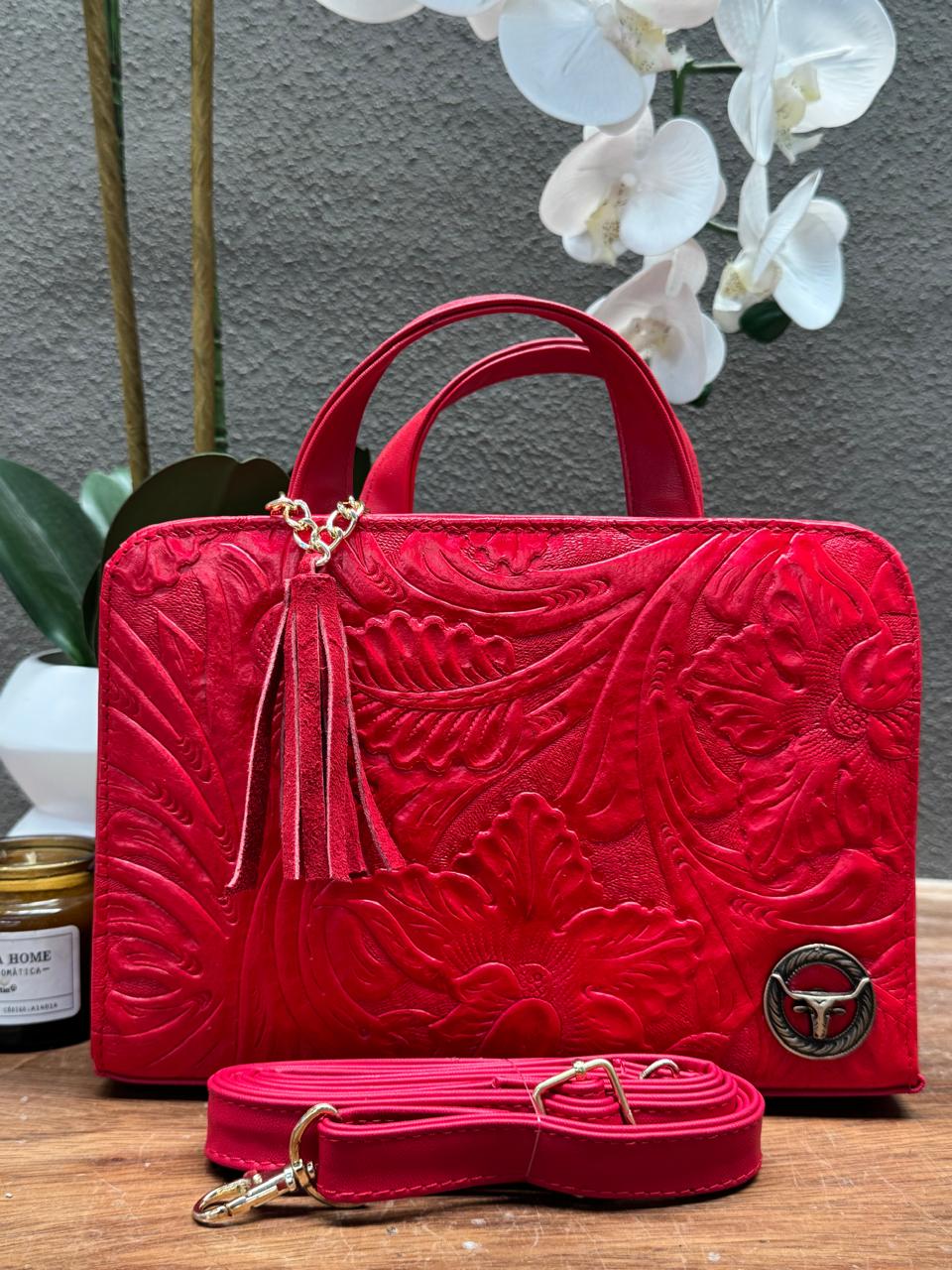 CROSSBODY ARTESANAL TANIA GRABADO FLORES ROJO