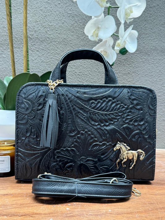 CROSSBODY ARTESANAL TANIA GRABADO FLORES NEGRO