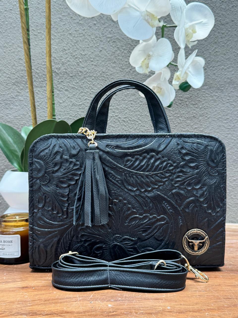 CROSSBODY ARTESANAL TANIA GRABADO FLORES NEGRO