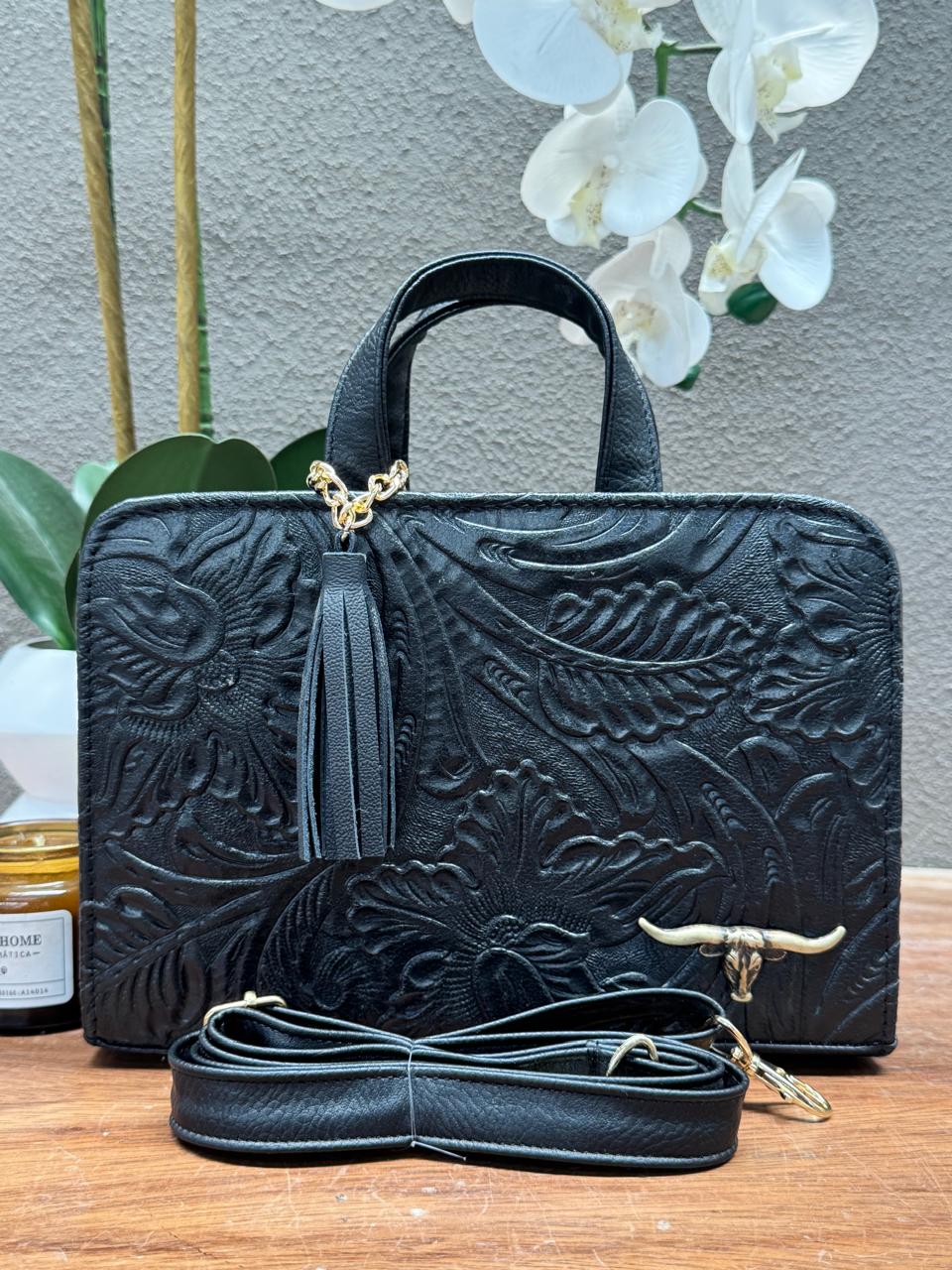 CROSSBODY ARTESANAL TANIA GRABADO FLORES NEGRO