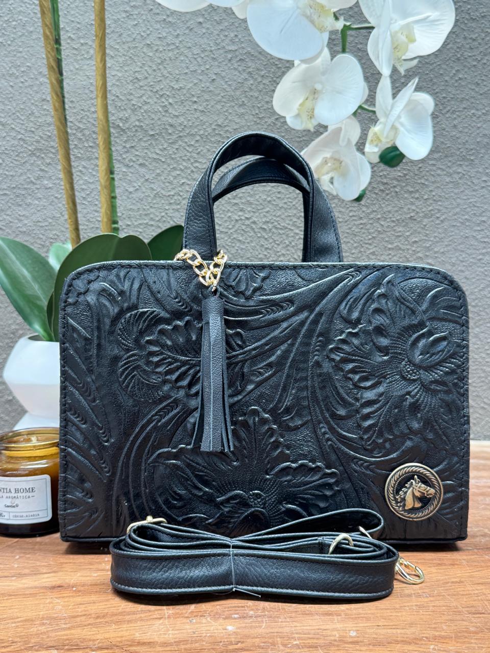 CROSSBODY ARTESANAL TANIA GRABADO FLORES NEGRO