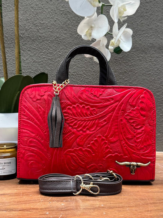 CROSSBODY ARTESANAL TANIA GRABADO FLORES ROJO FERRERO