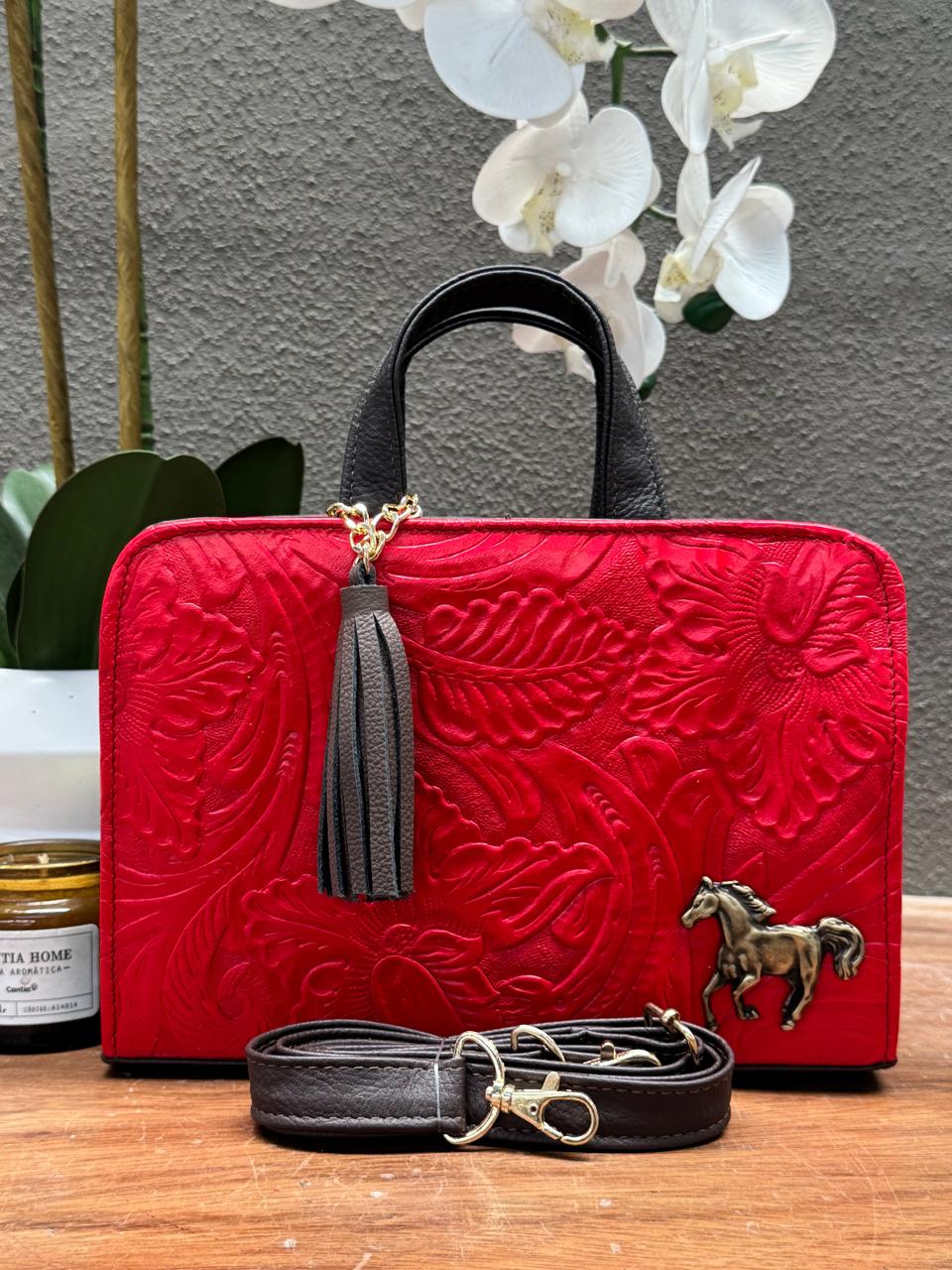 CROSSBODY ARTESANAL TANIA GRABADO FLORES ROJO FERRERO