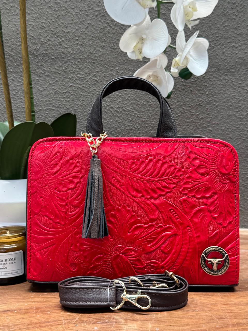 CROSSBODY ARTESANAL TANIA GRABADO FLORES ROJO FERRERO