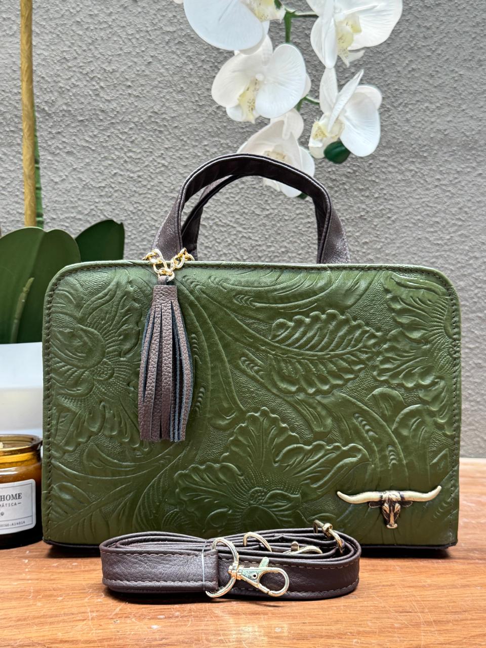 CROSSBODY ARTESANAL TANIA GRABADO FLORES OLIVO