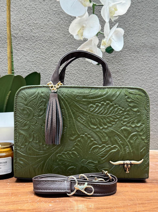 CROSSBODY ARTESANAL TANIA GRABADO FLORES OLIVO