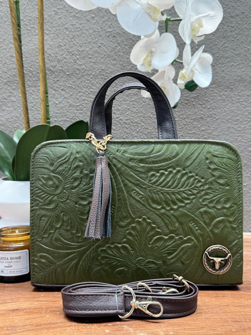 CROSSBODY ARTESANAL TANIA GRABADO FLORES OLIVO