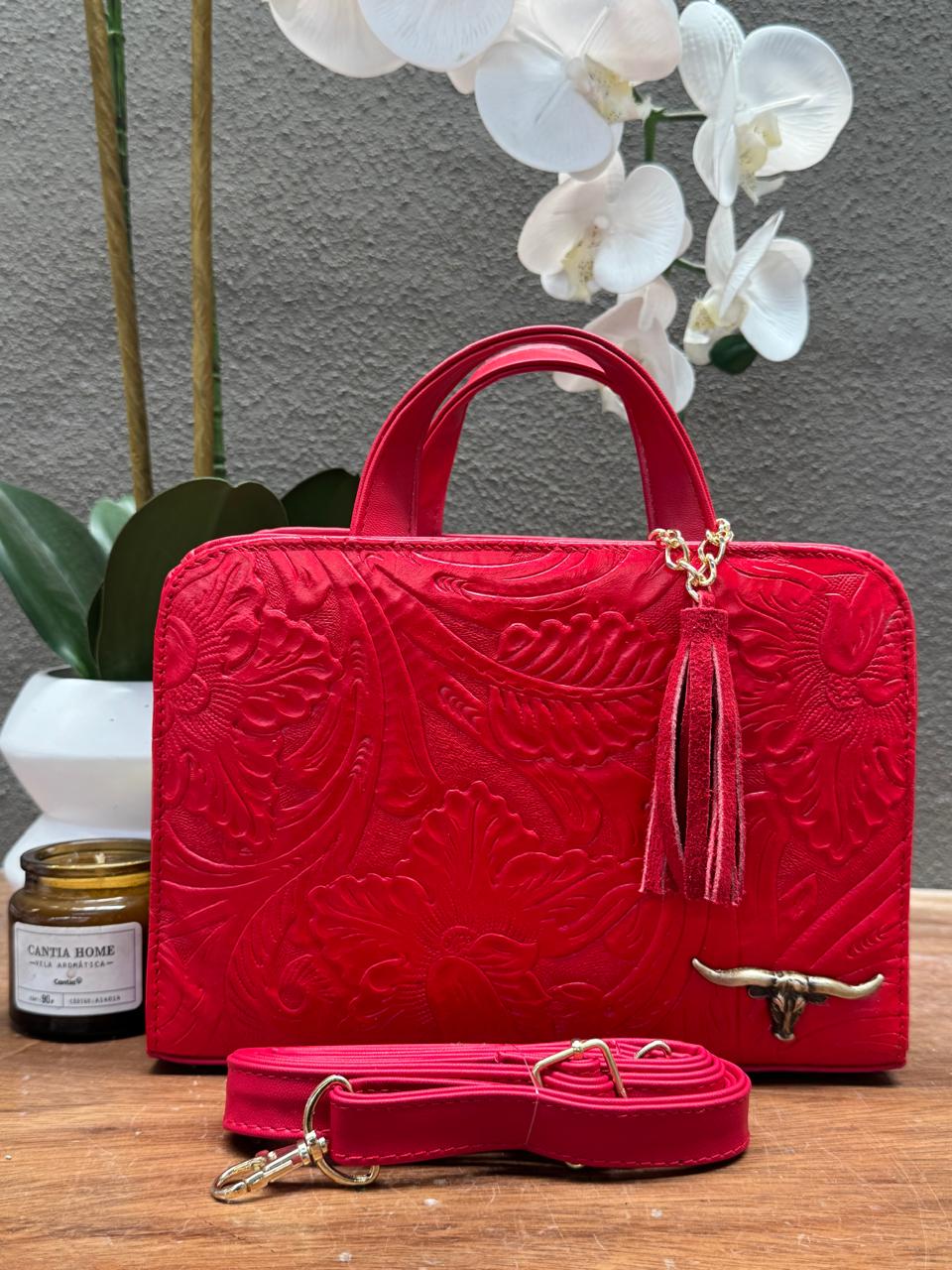 CROSSBODY ARTESANAL TANIA GRABADO FLORES ROJO