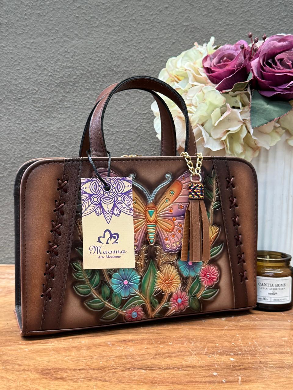 MAOMA CROSSBODY TABATA CAMEL MARIPOSA FLORES COLORES