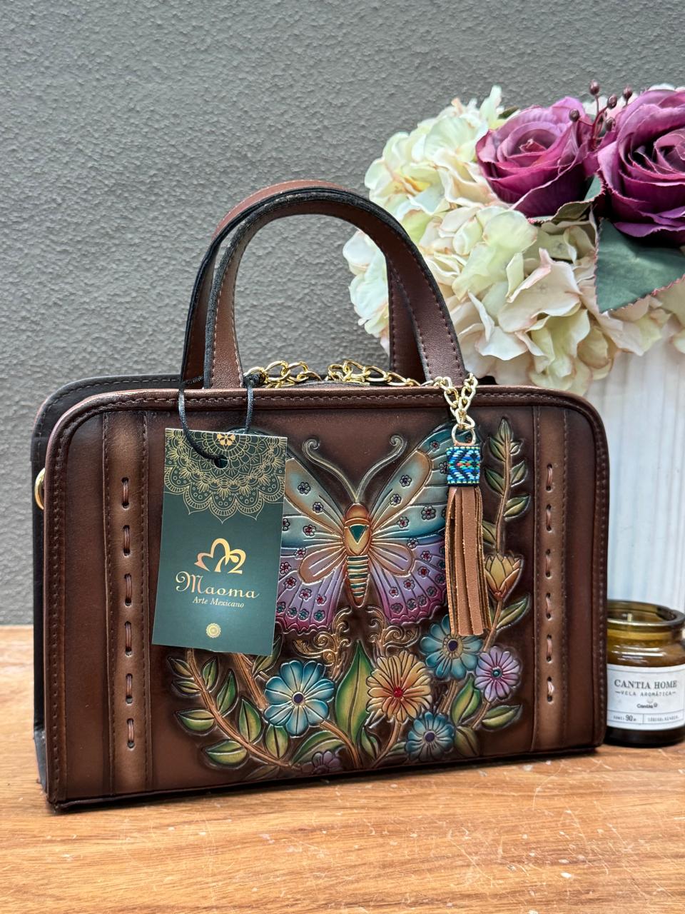 MAOMA CROSSBODY TABATA CAMEL MARIPOSA FLORES COLORES