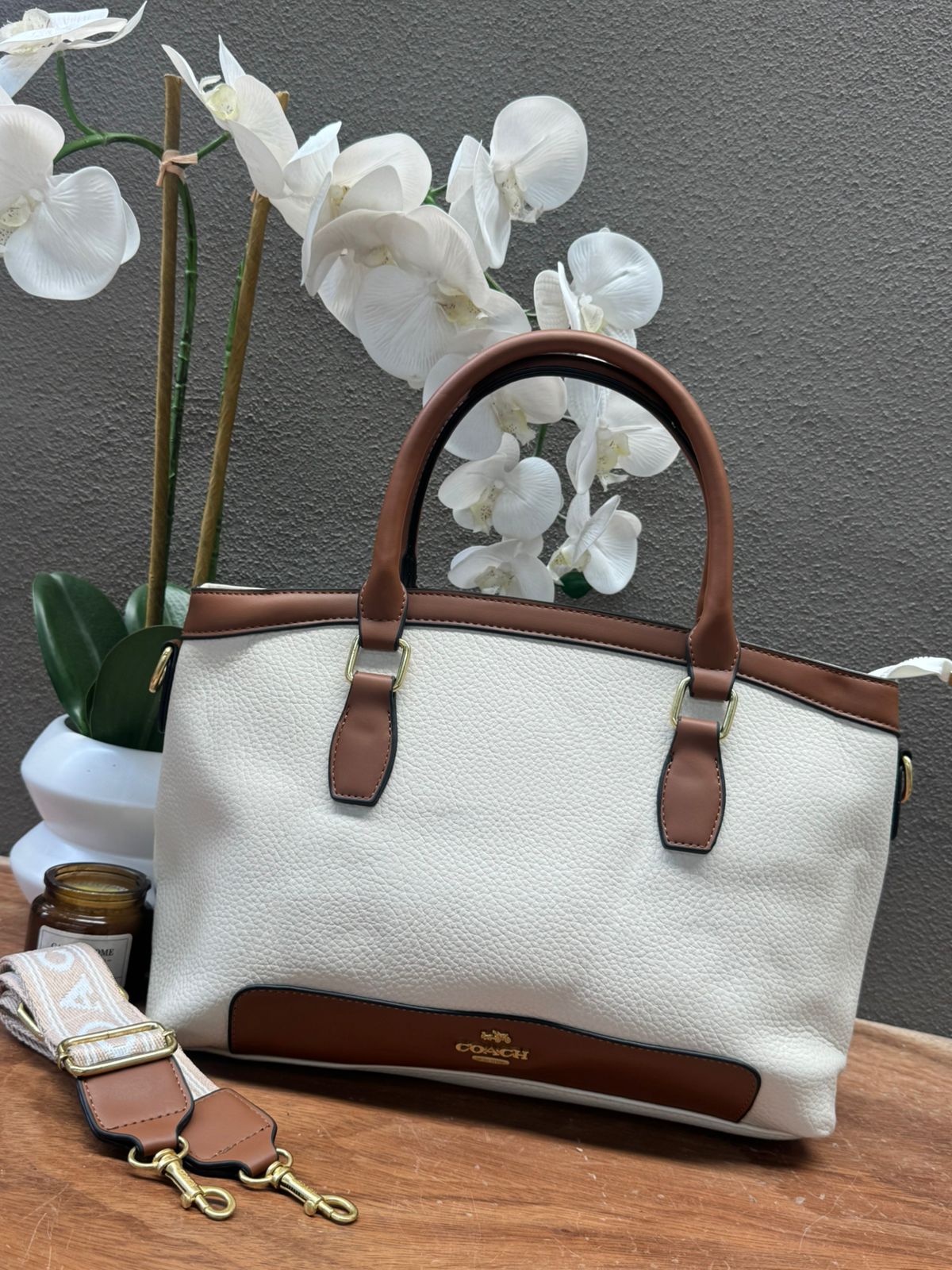 BOLSO COACH 005 COLOR HUESO/CAMEL LISO