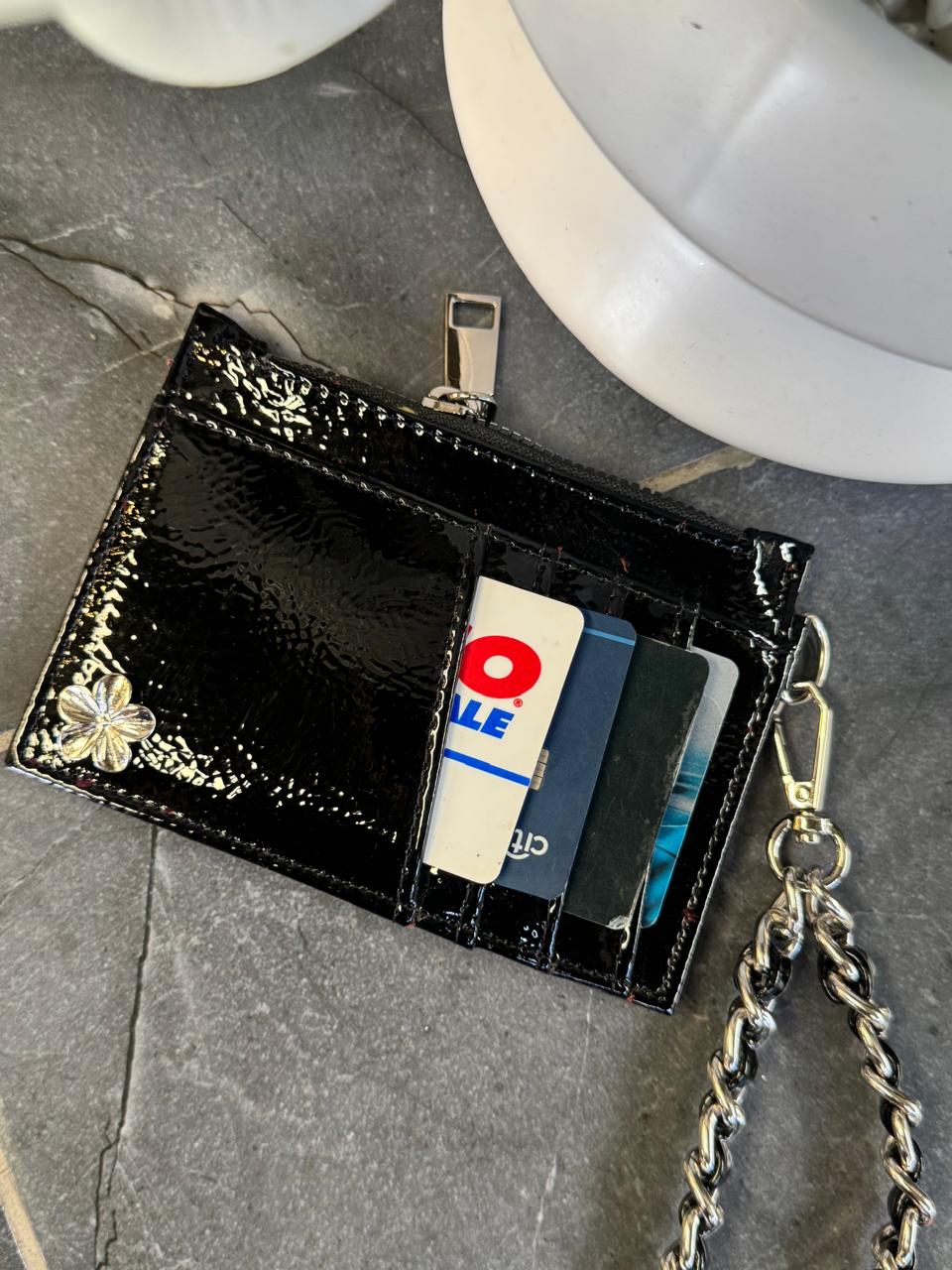 TARJETERO/MONEDERO PREMIUM NEGRO CHAROL ARRUGADO