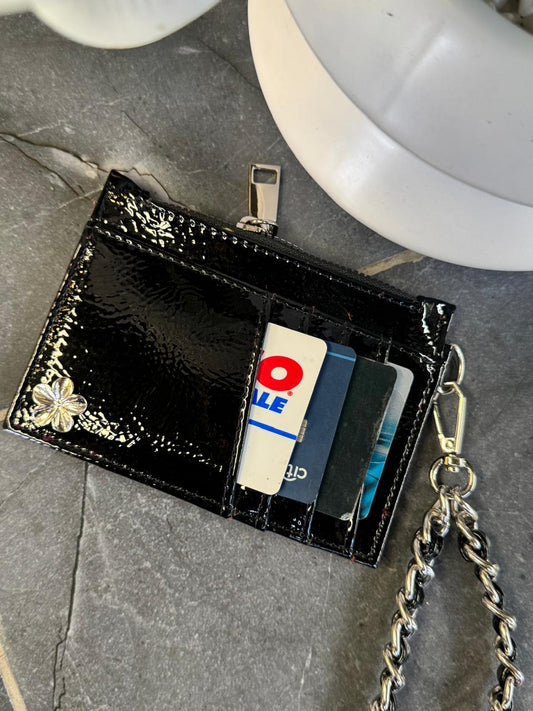 TARJETERO/MONEDERO PREMIUM NEGRO CHAROL ARRUGADO