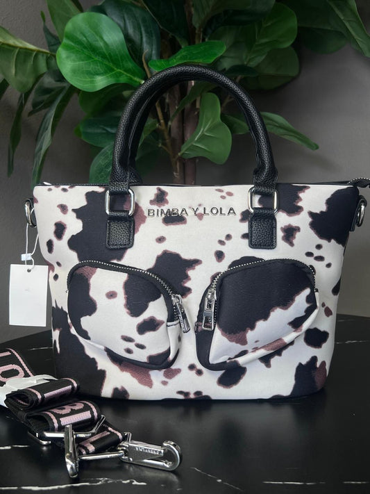 BIMBA Y LOLA BOLSO DE MANO ESTAMPADO VACA HUESO/CAFÉ