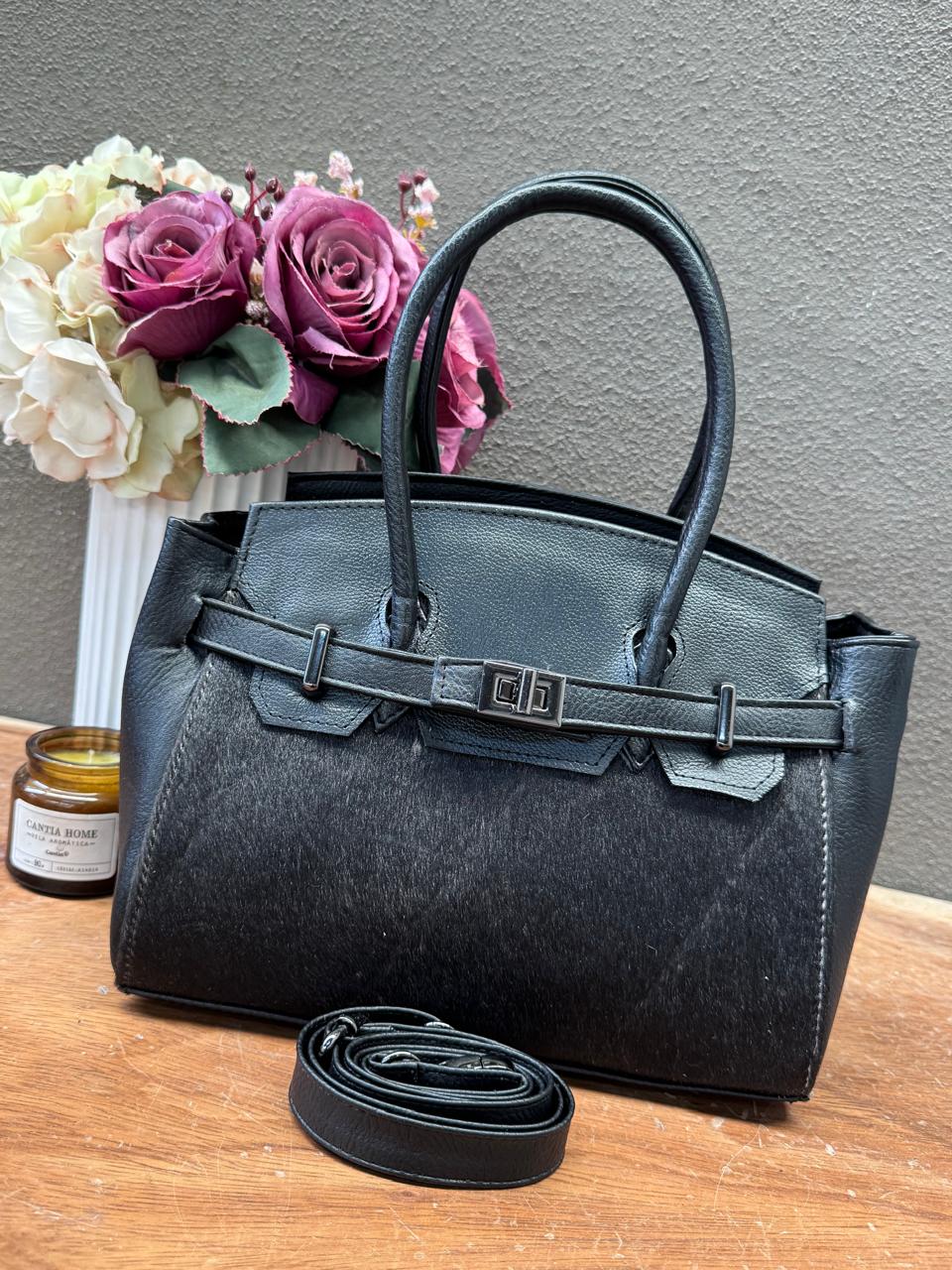 BOLSO BIRKIN MEDIANA DE PELO NEGRO