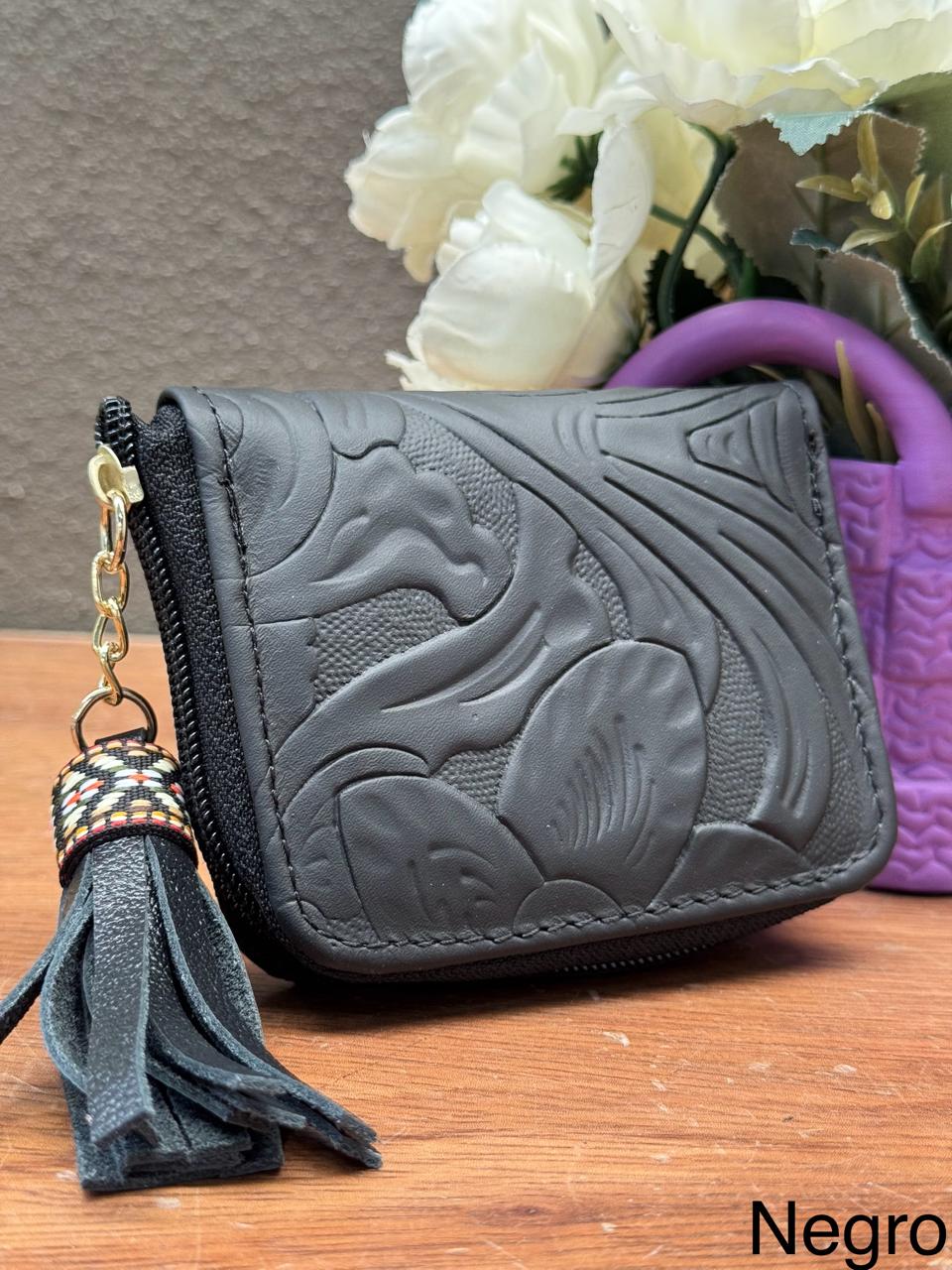 MONEDERO PIEL CINCELADO PRIMAVERA NEGRO
