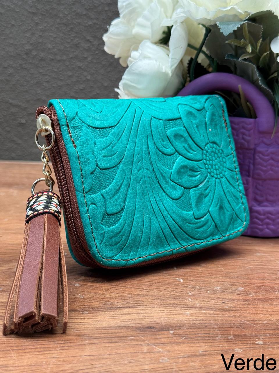 MONEDERO PIEL CINCELADO PRIMAVERA VERDE