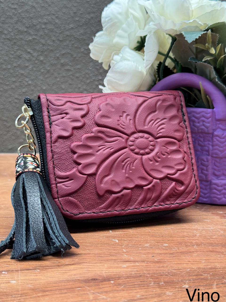 MONEDERO PIEL CINCELADO PRIMAVERA VINO/NEGRO