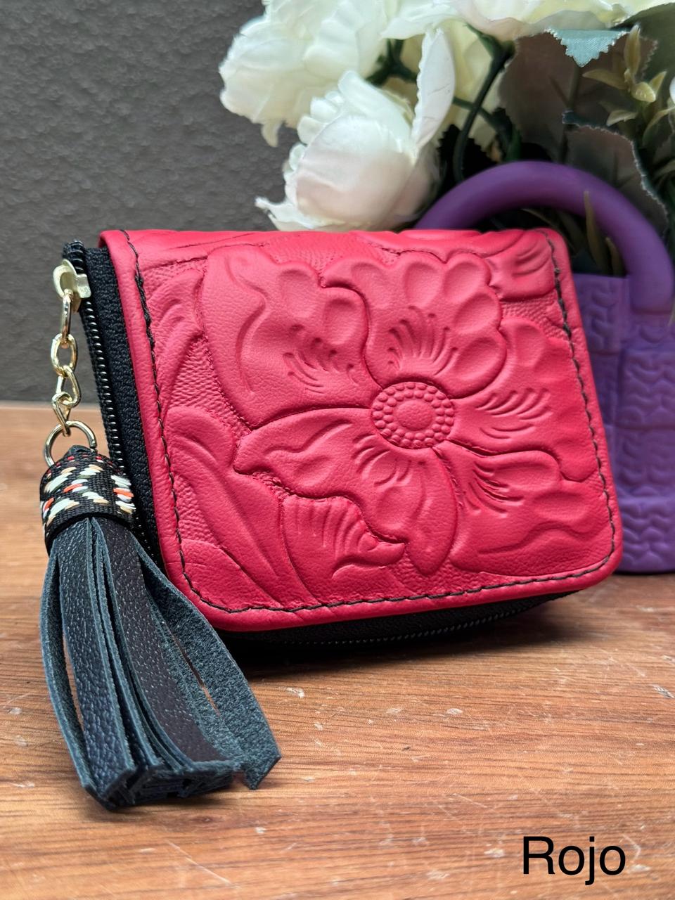 MONEDERO PIEL CINCELADO PRIMAVERA ROJO/NEGRO