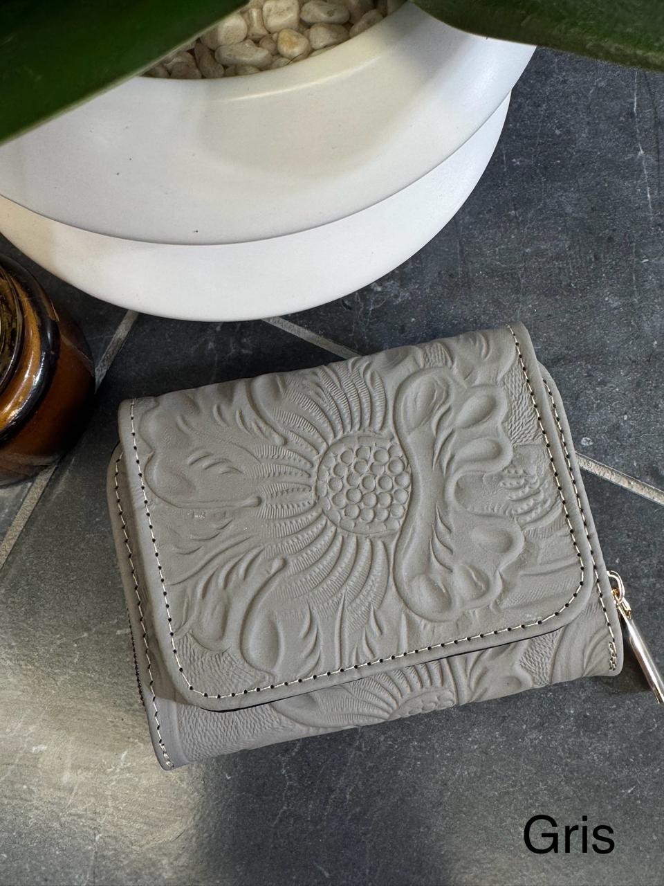 CARTERA PIEL KENYA GRIS FLORES