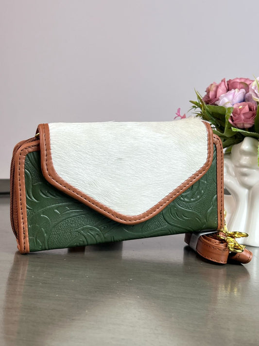 CARTERA PIEL TAPA PELO VERDE BOTELLA