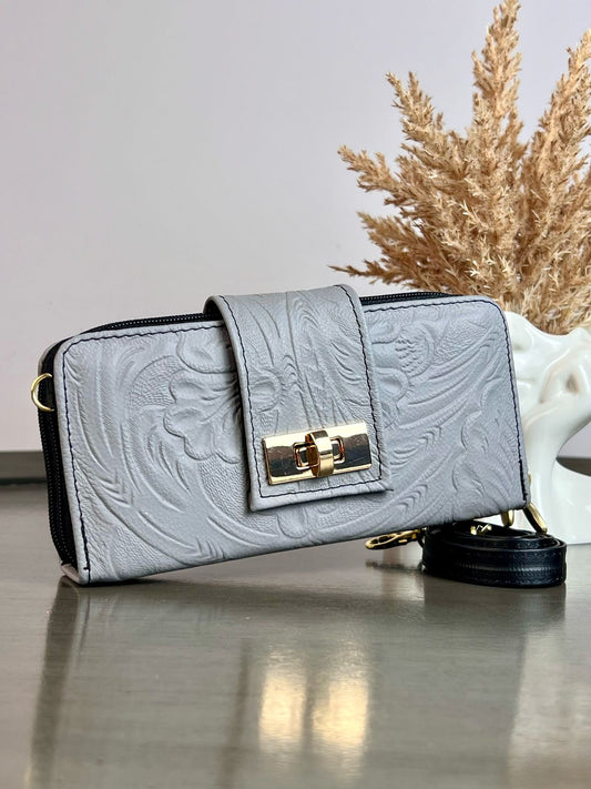 CARTERA PIEL BROCHE GRIS