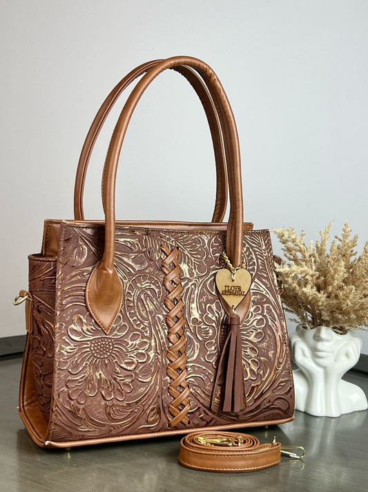 BOLSA NICOLE PIEL DE FLORES CAFE COBRE/CAMEL
