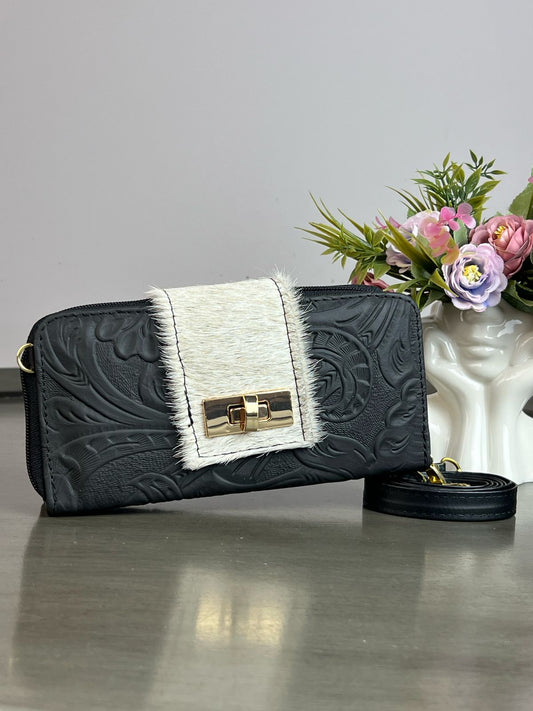 CARTERA PIEL BROCHE CON PELO NEGRO