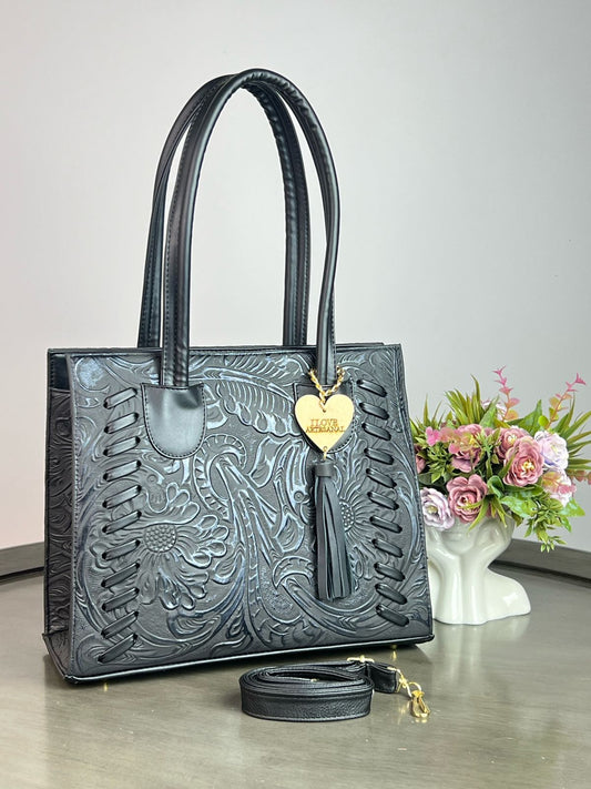 BOLSA TEJIDA PIEL DE FLORES NEGRO