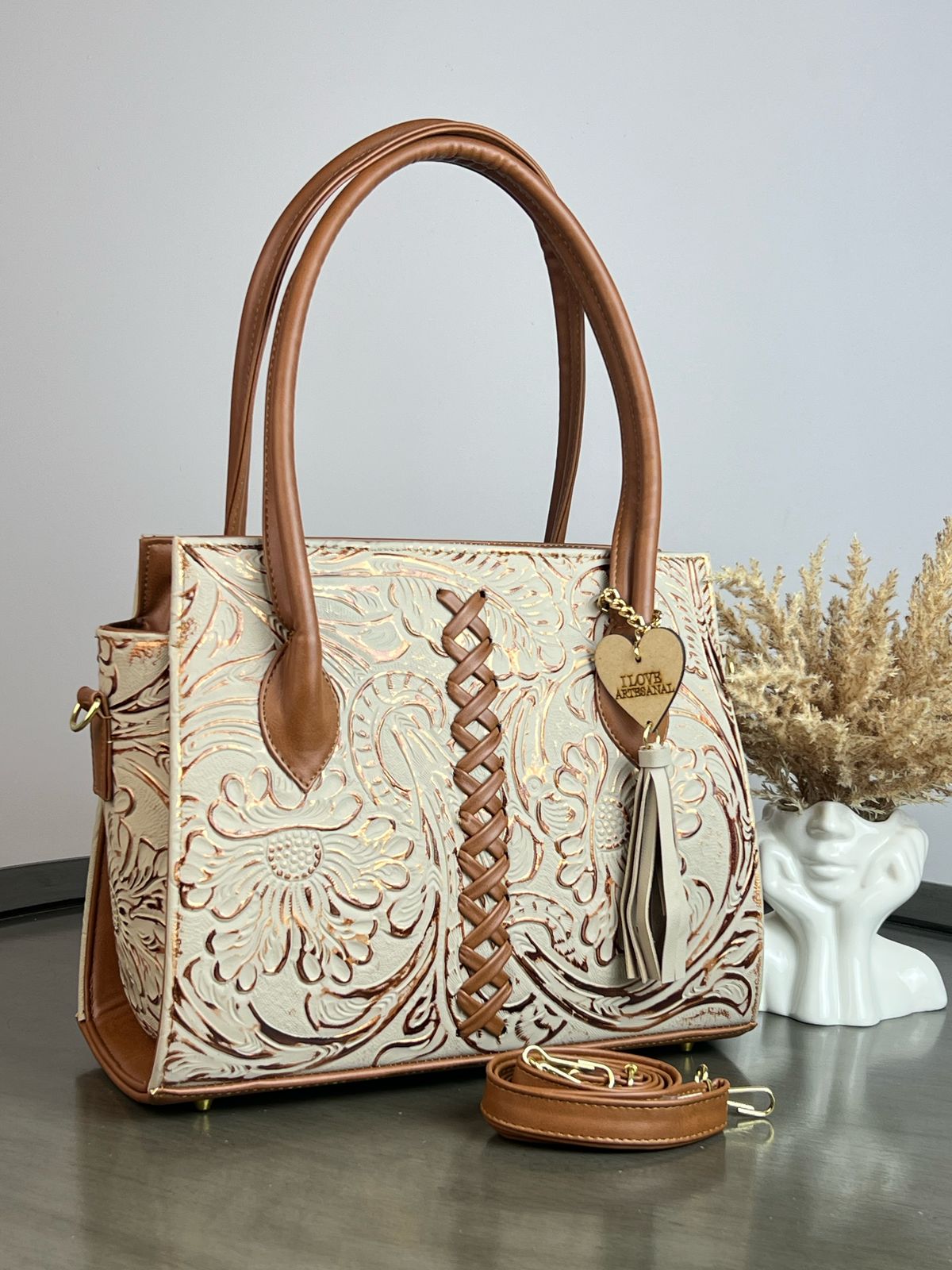 BOLSA NICOLE PIEL DE FLORES VAINILLA COBRE/CAMEL