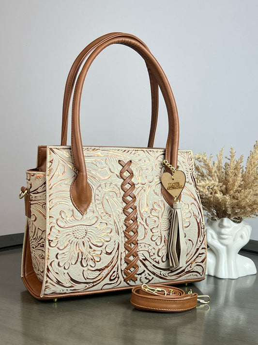 BOLSA NICOLE PIEL DE FLORES VAINILLA COBRE/CAMEL