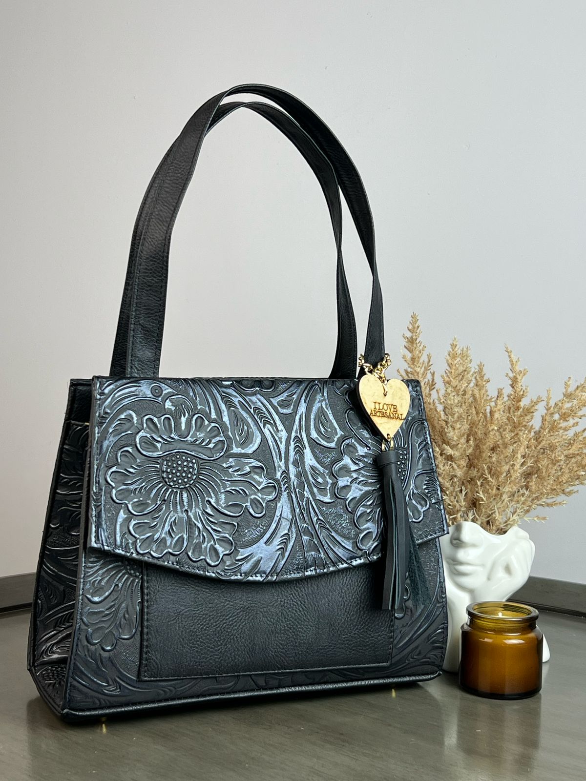 BOLSA ANGELA PIEL DE FLORES NEGRO